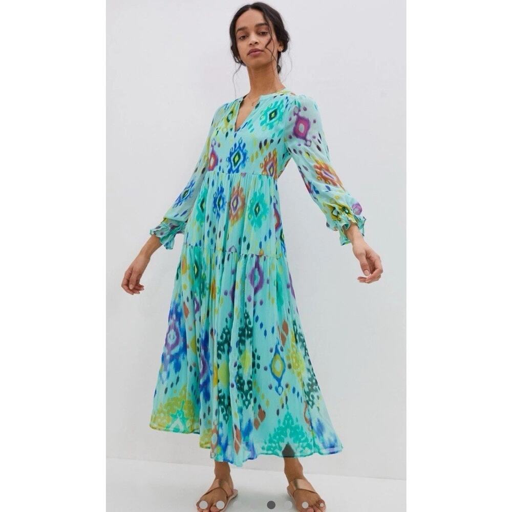 ANTHROPOLOGIE Serenade Turquoise Ikat Pullover Boho Maxi Dress Sz M *FLAW*
